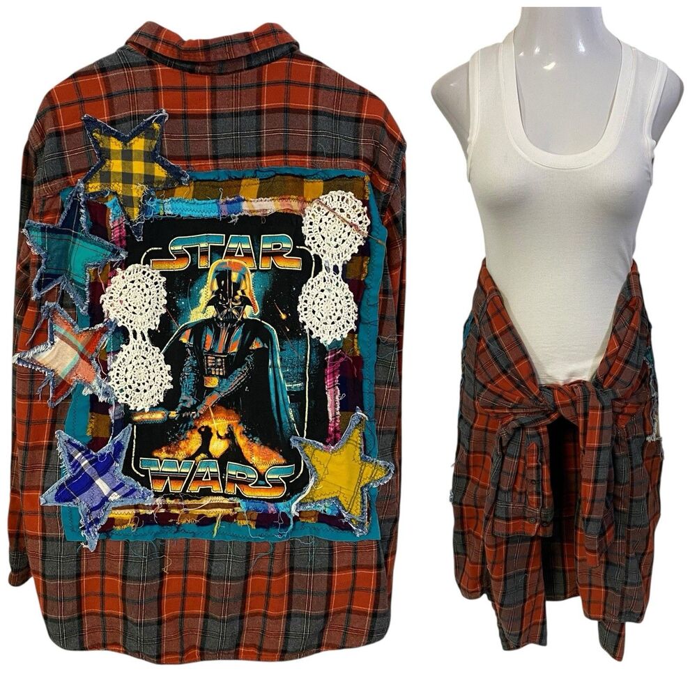 Upcycled Flannel Shirt Shacket Womens 3X Star Wars Patchwork Festival Folk Art